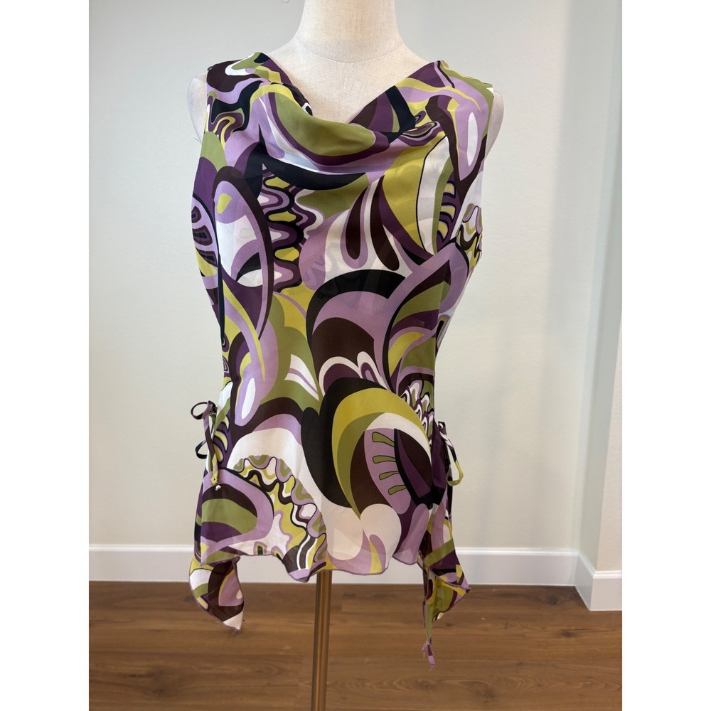 Y2K Byer California Sheer Top L Purple Cowl Neck Psychedelic going out Retro 60s